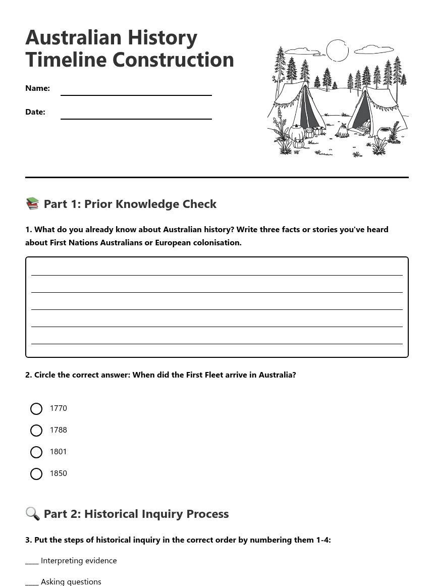 Australian History Timeline Construction worksheet preview