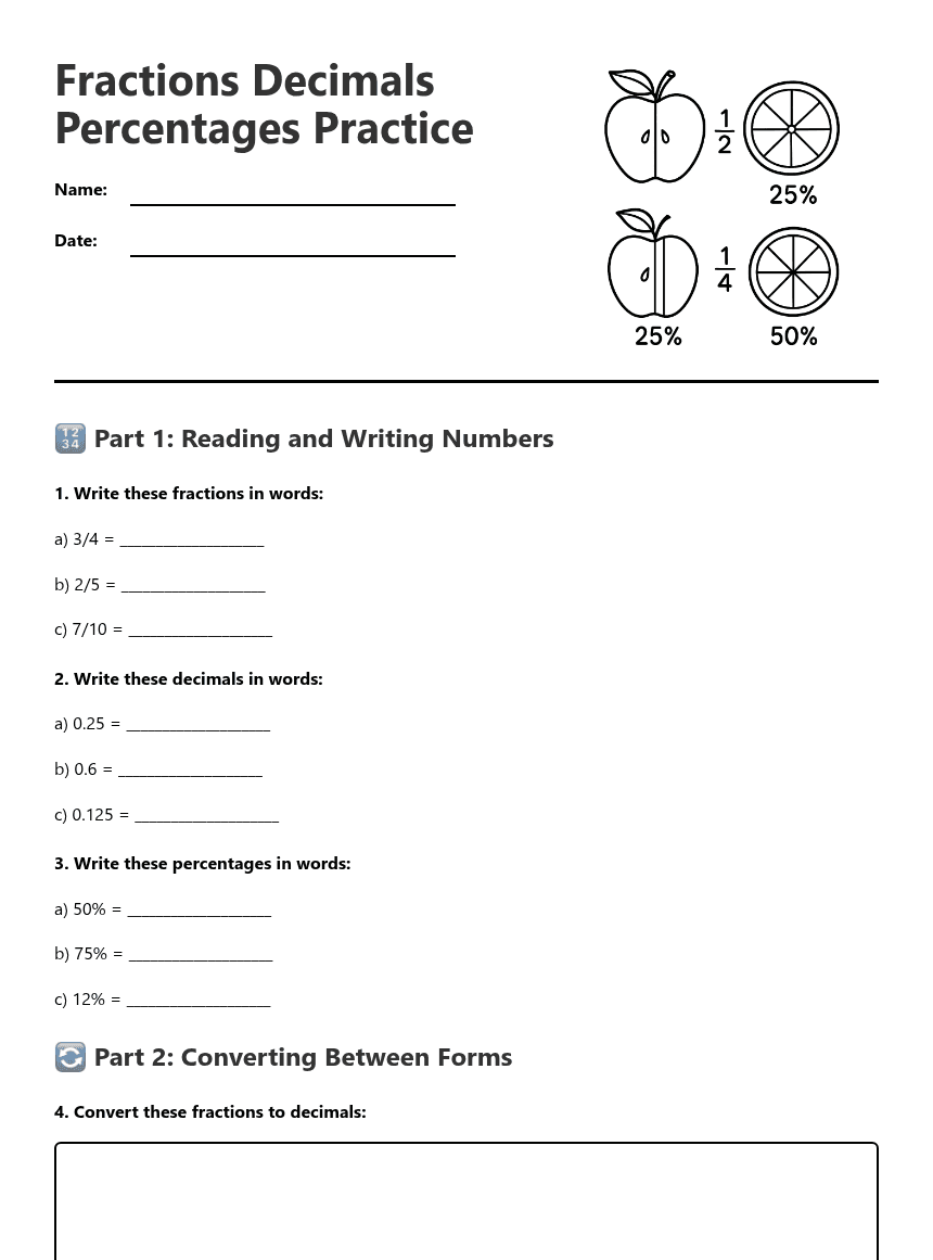 Fractions Decimals Percentages Practice worksheet preview