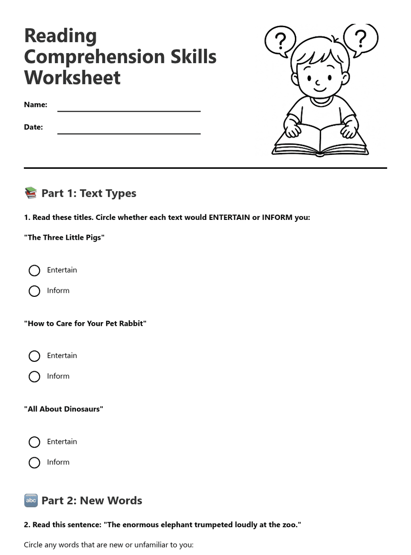 Reading Comprehension Skills Worksheet