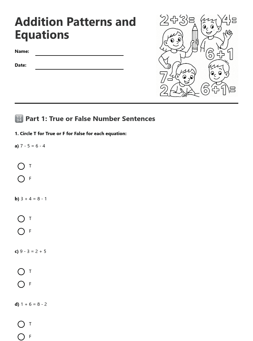 Addition Patterns and Equations worksheet preview