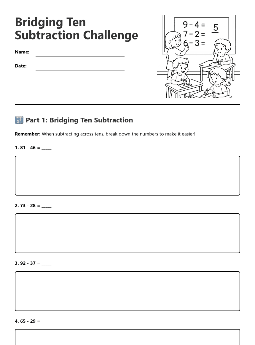 Bridging Ten Subtraction Challenge worksheet preview