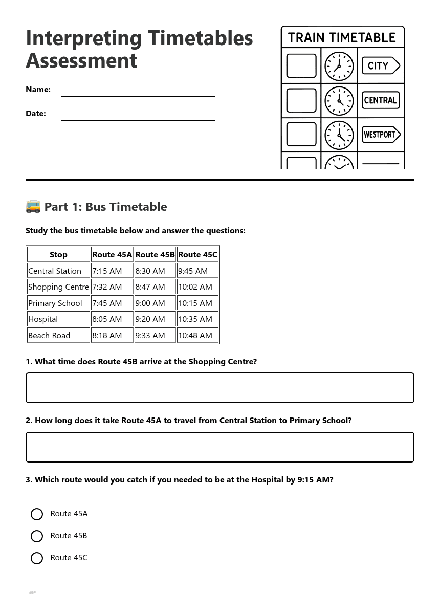 Interpreting Timetables Assessment worksheet preview