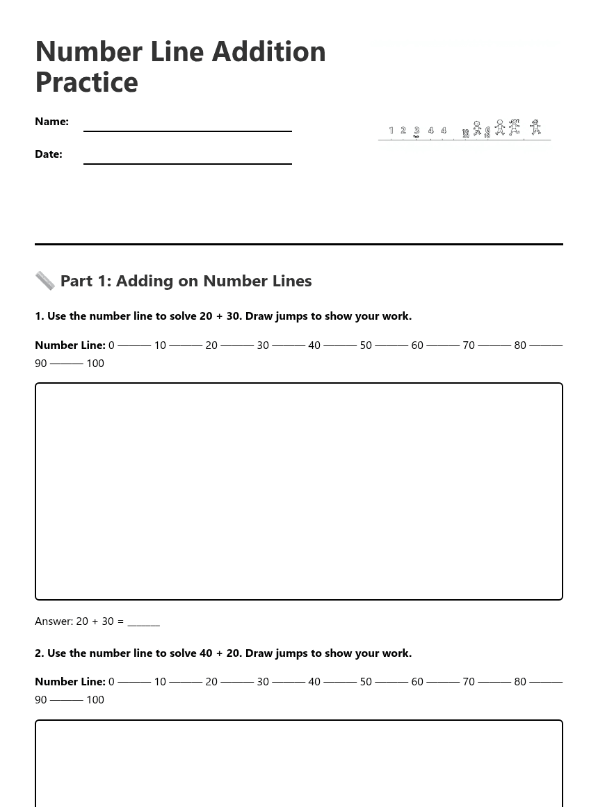 Number Line Addition Practice worksheet preview