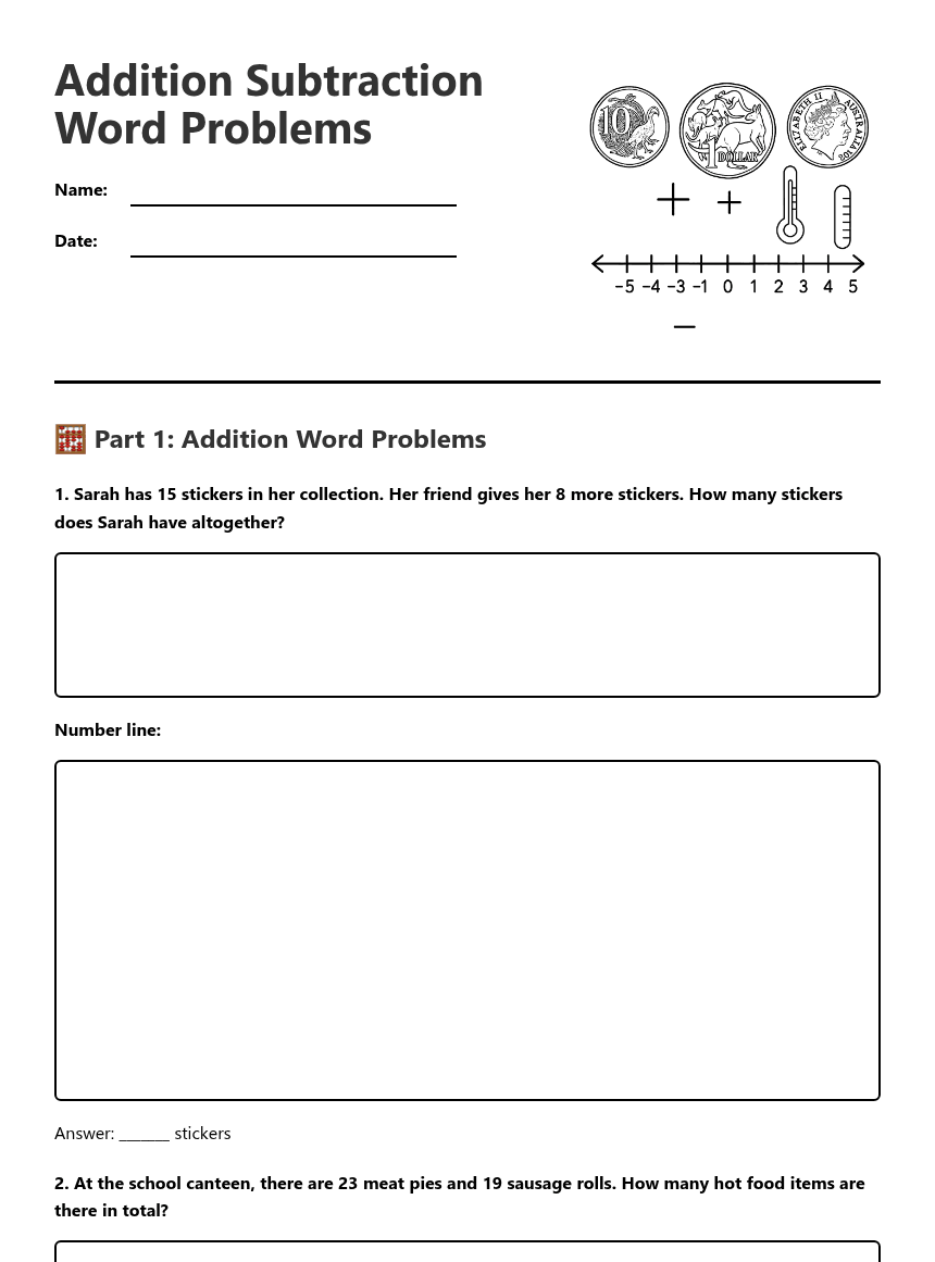 Addition Subtraction Word Problems worksheet preview