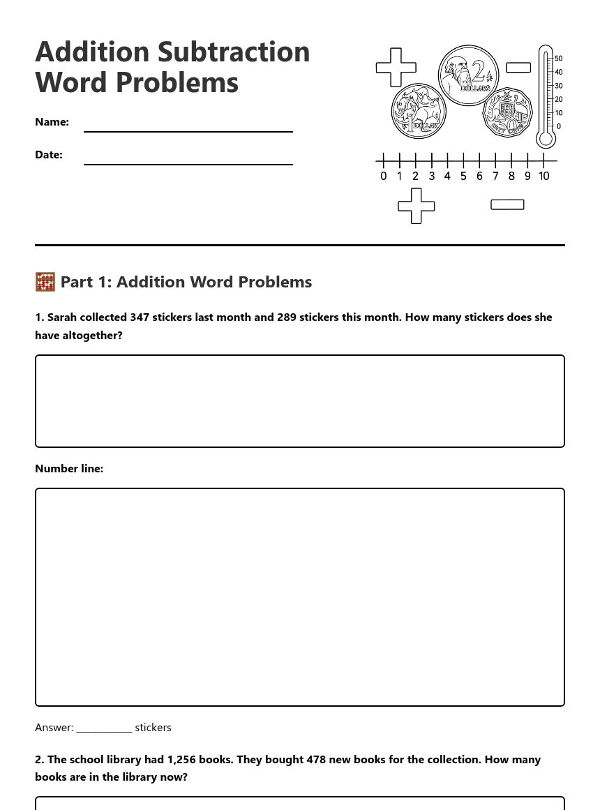 Addition Subtraction Word Problems worksheet preview