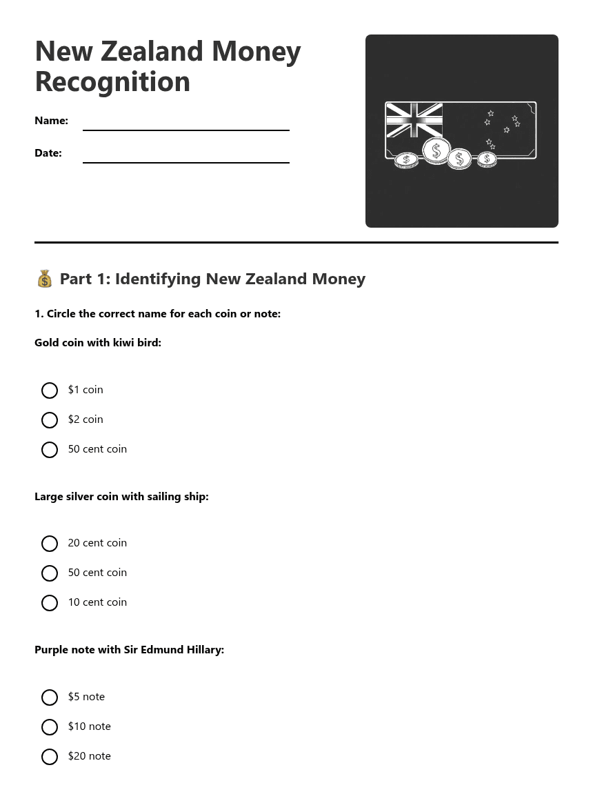New Zealand Money Recognition worksheet preview