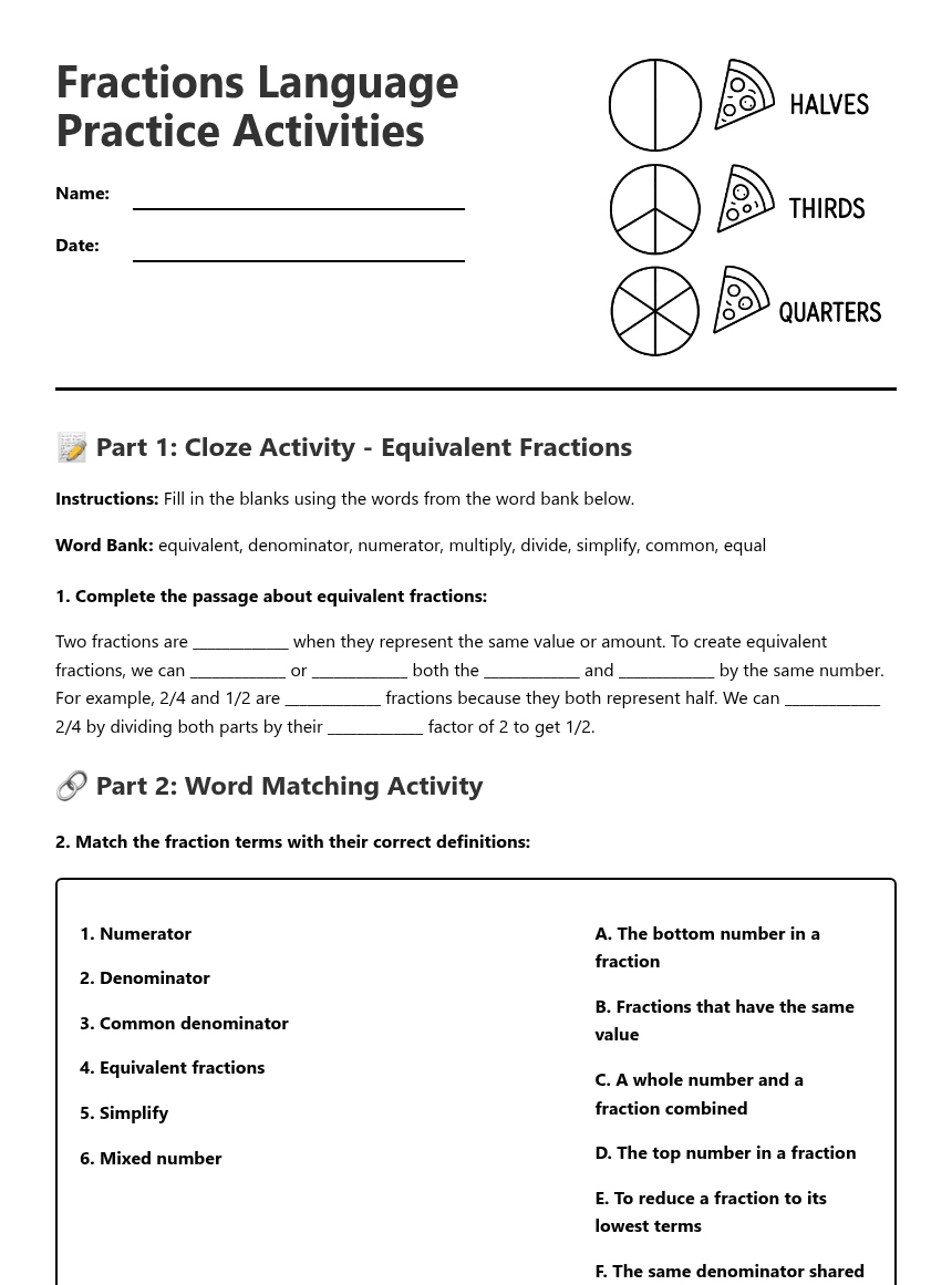 Fractions Language Practice Activities worksheet preview