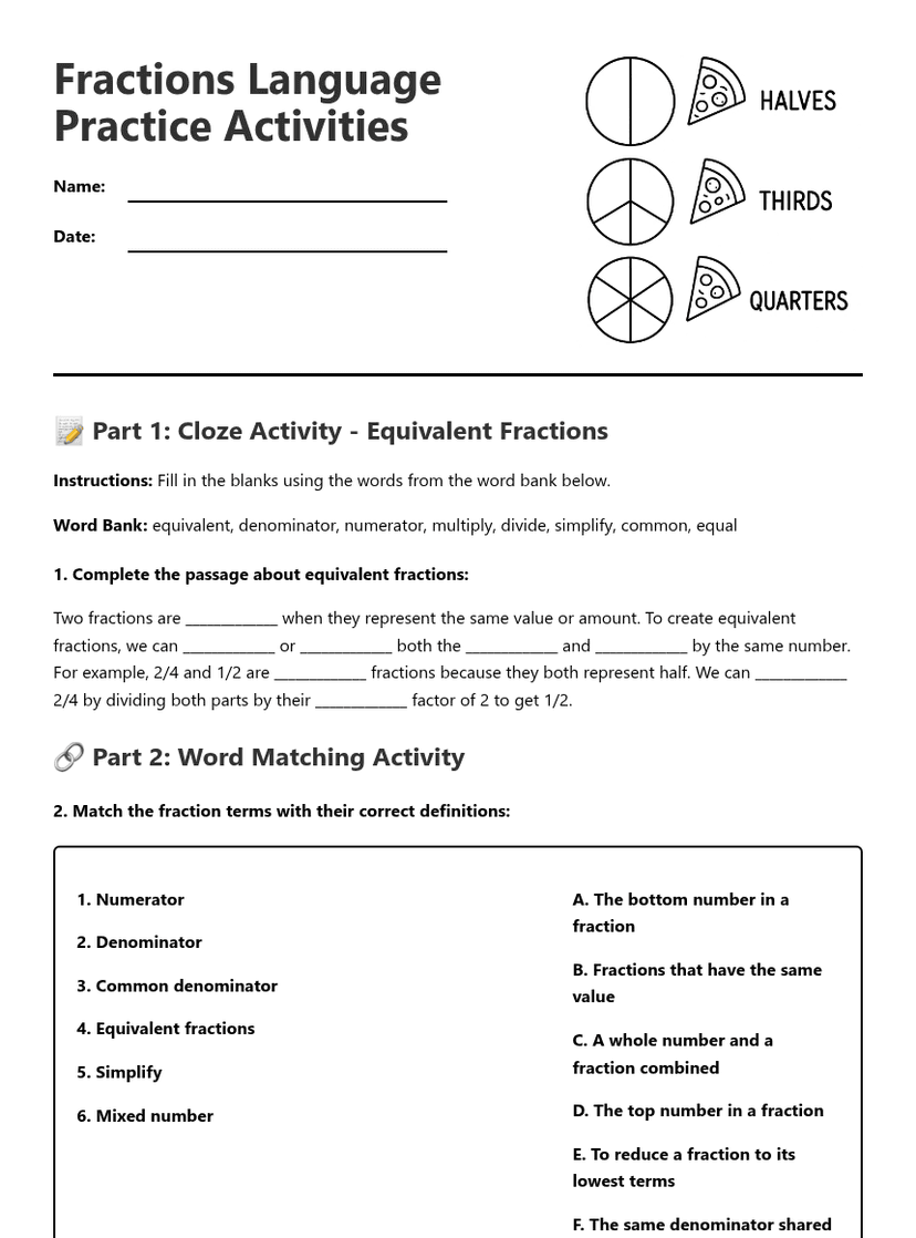 Fractions Language Practice Activities
