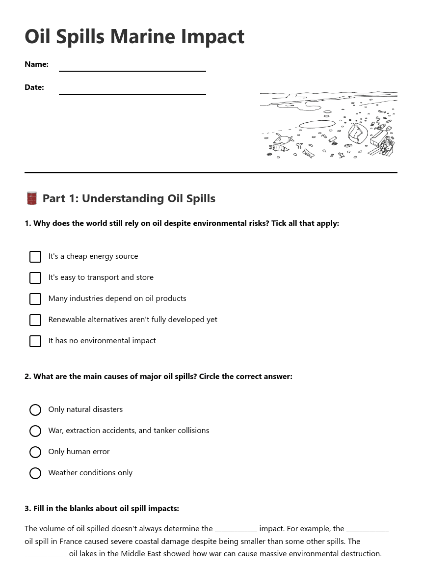 Oil Spills Marine Impact worksheet preview