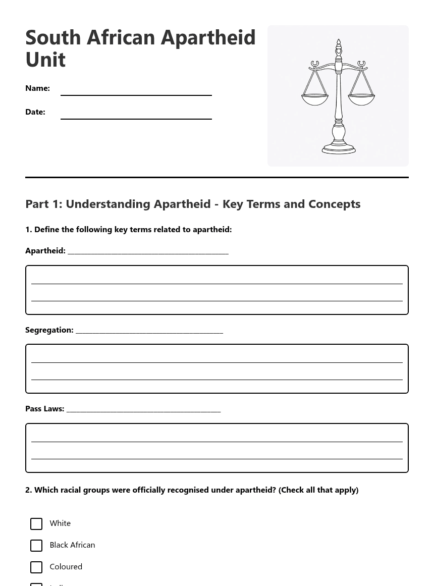 South African Apartheid Unit worksheet preview