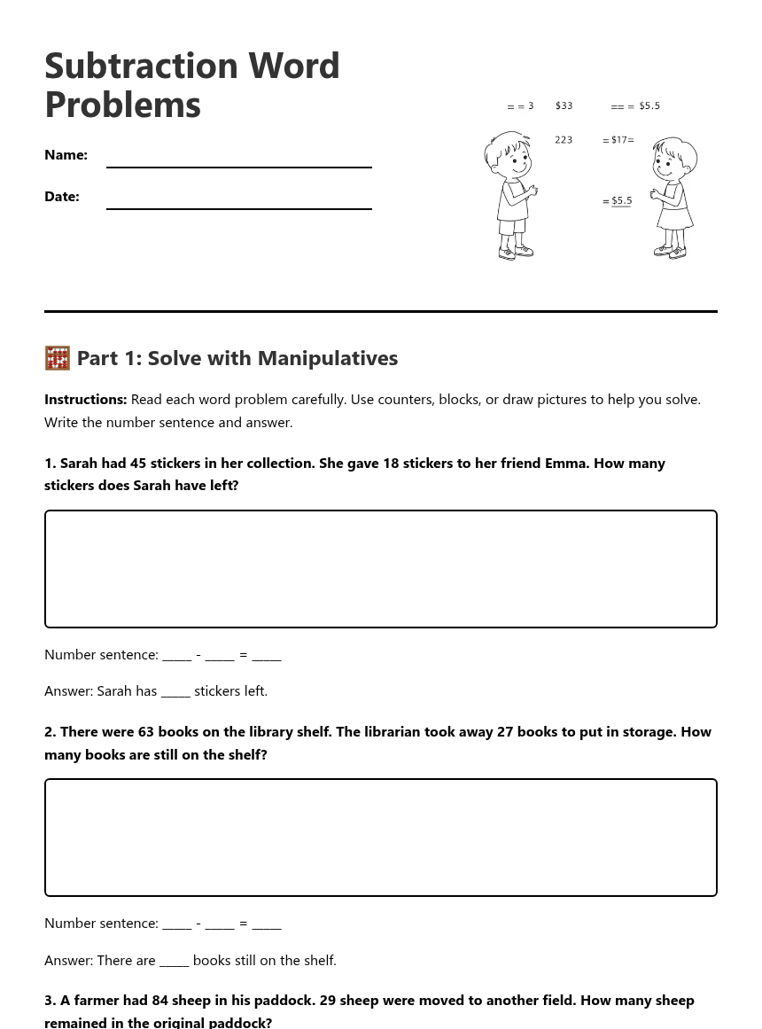 Subtraction Word Problems worksheet preview
