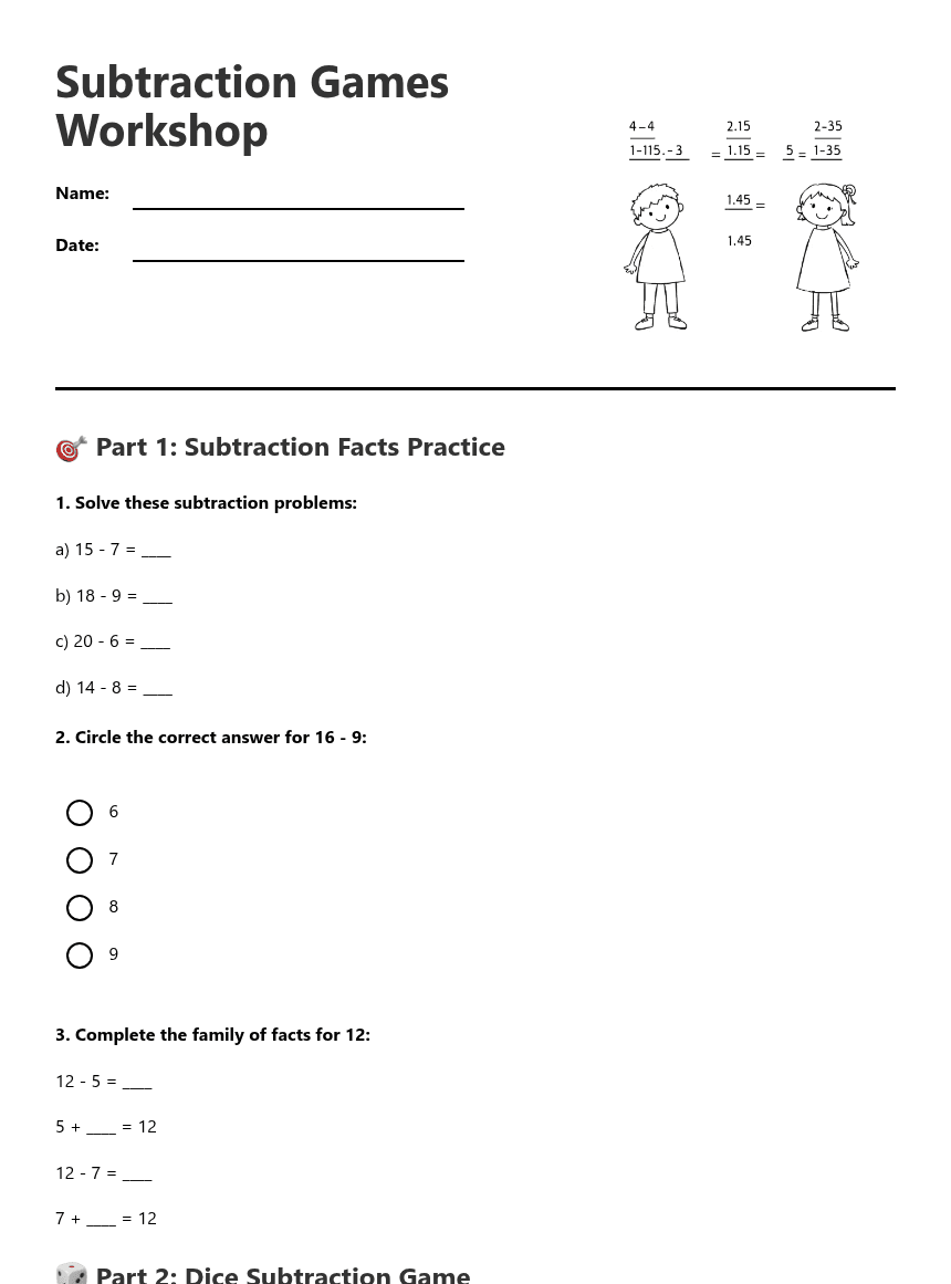 Subtraction Games Workshop worksheet preview