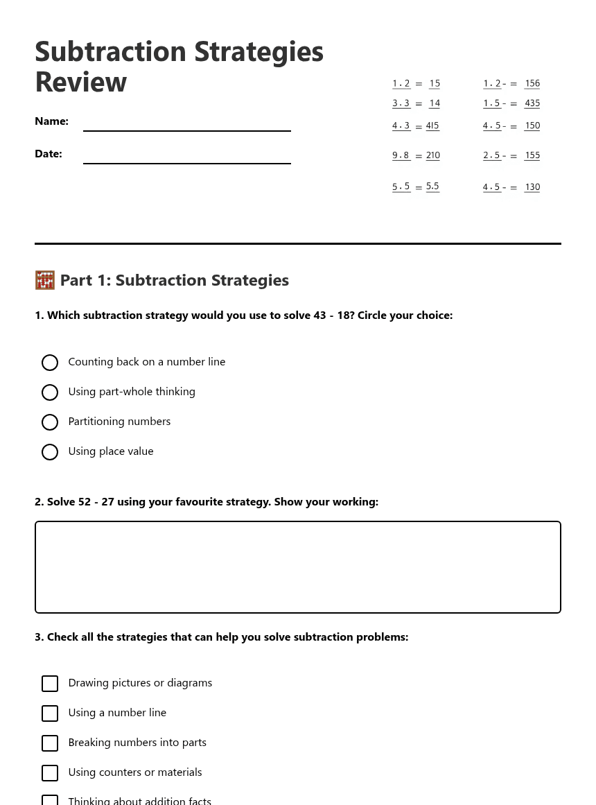 Subtraction Strategies Review worksheet preview