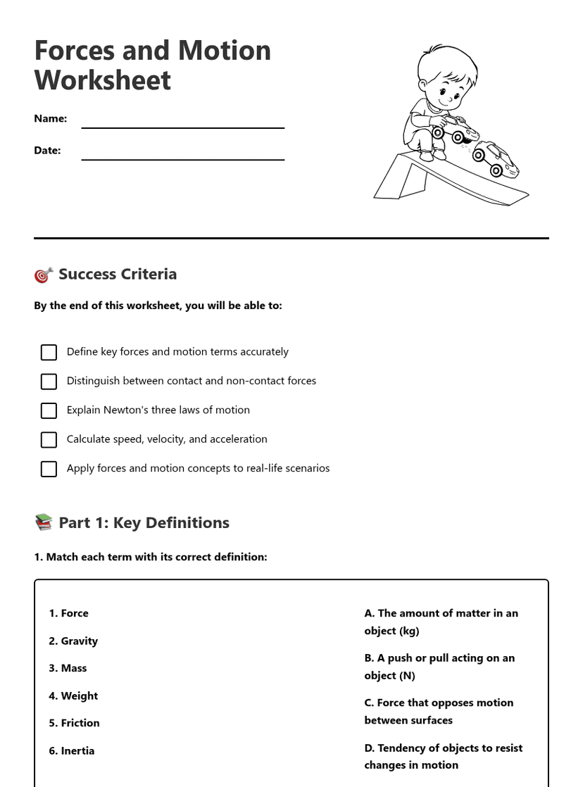 Forces and Motion Worksheet