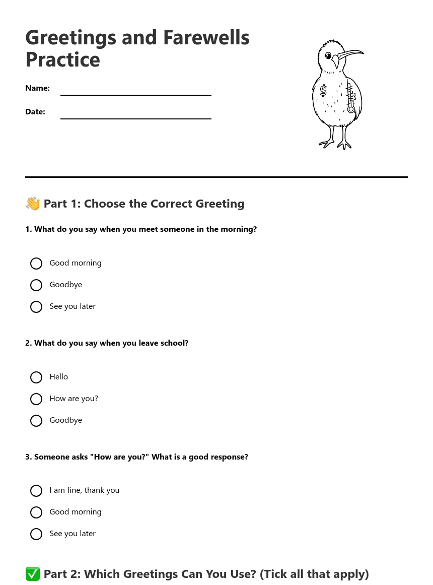Greetings and Farewells Practice worksheet preview