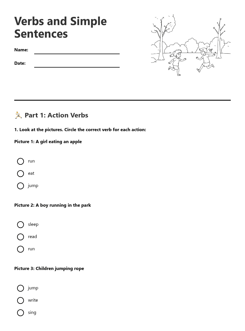 Verbs and Simple Sentences worksheet preview