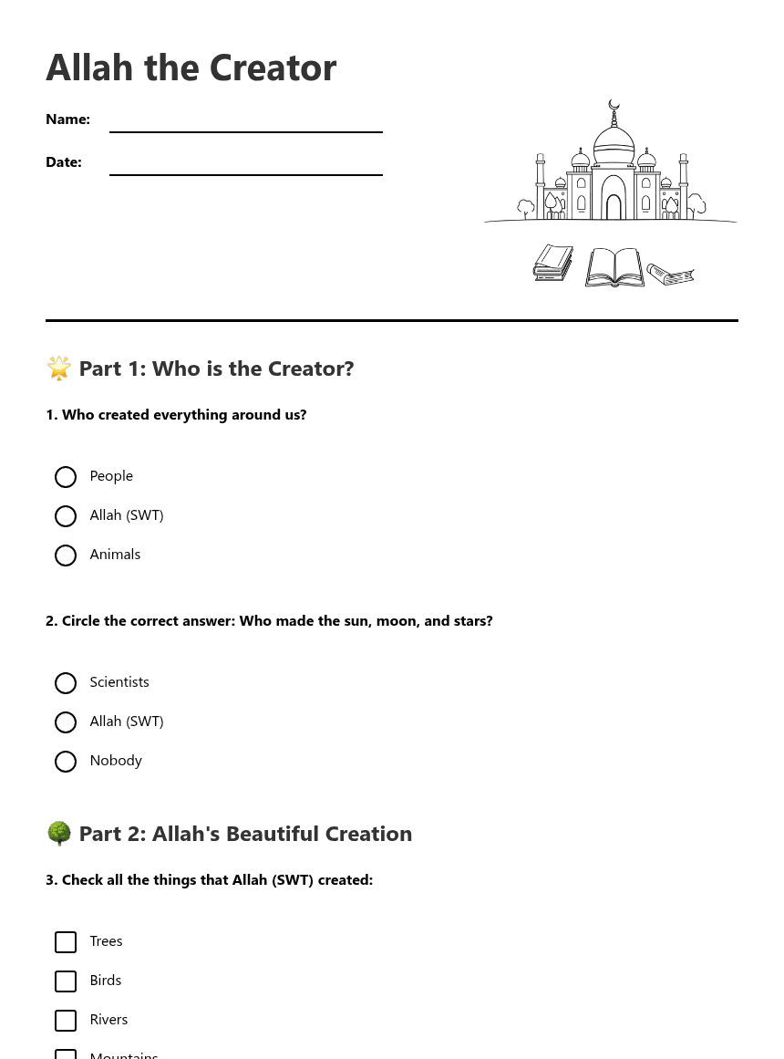 Allah the Creator worksheet preview