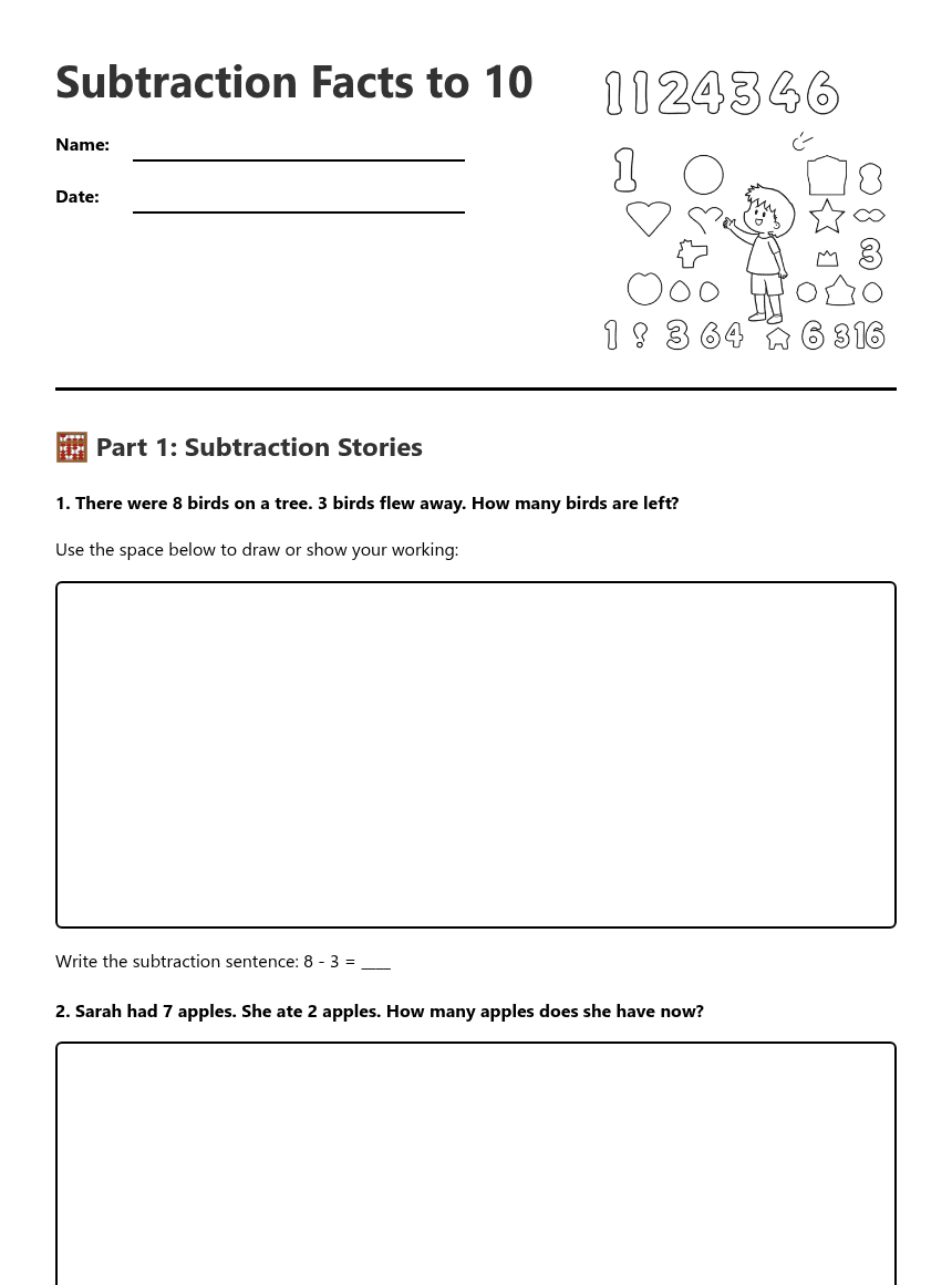 Subtraction Facts to 10 worksheet preview