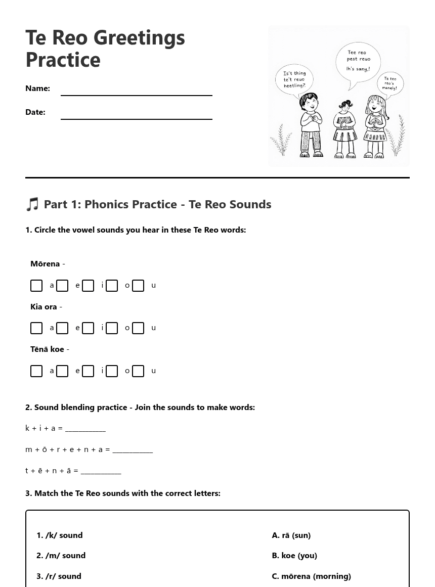 Te Reo Greetings Practice worksheet preview