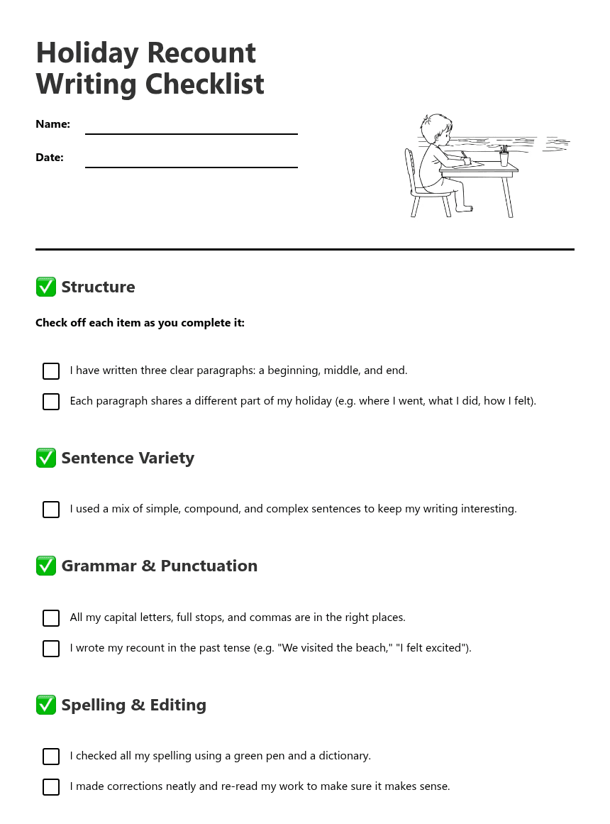 Holiday Recount Writing Checklist worksheet preview