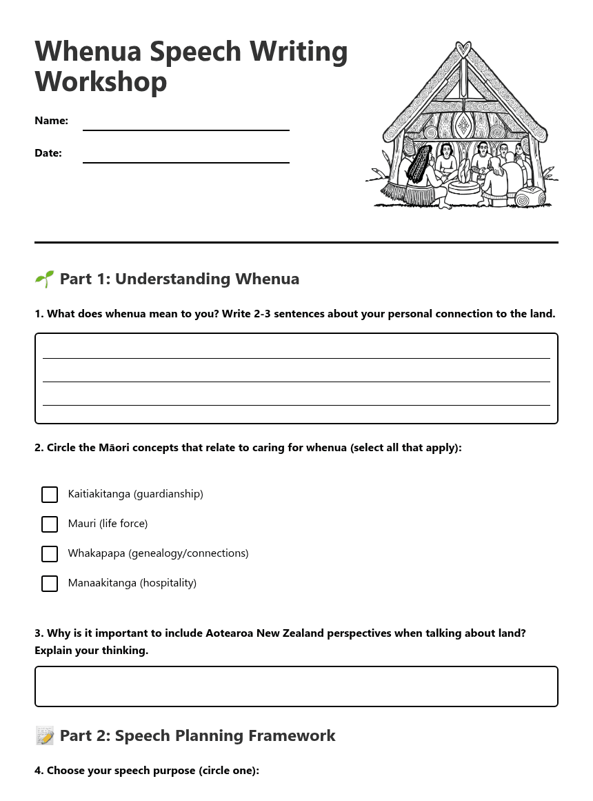Whenua Speech Writing Workshop worksheet preview