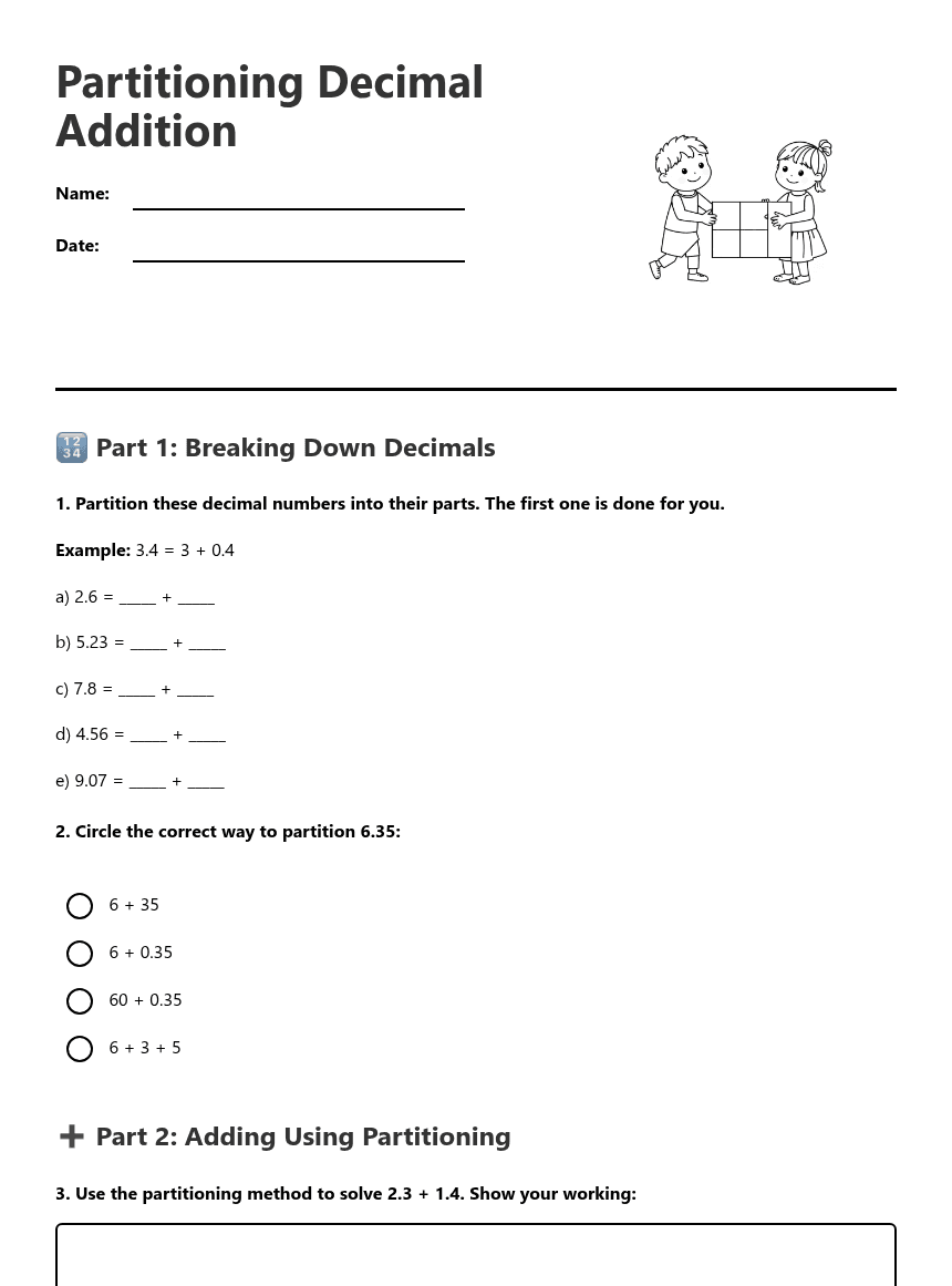 Partitioning Decimal Addition worksheet preview
