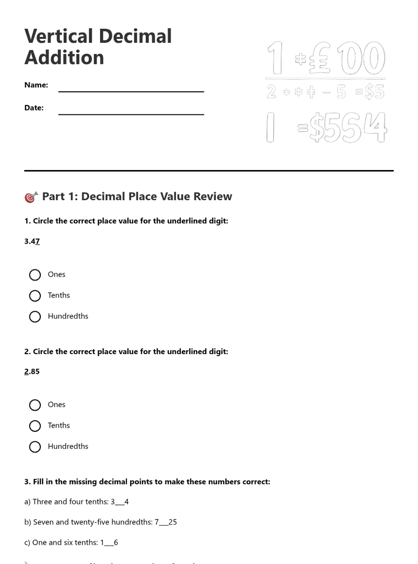 Vertical Decimal Addition