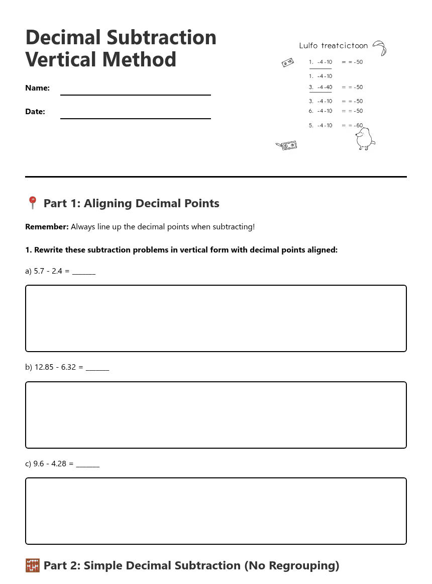 Decimal Subtraction Vertical Method worksheet preview