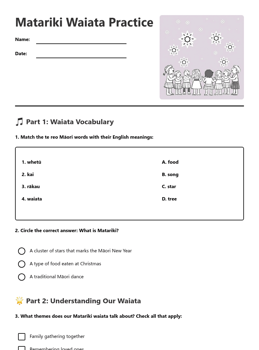 Matariki Waiata Practice worksheet preview