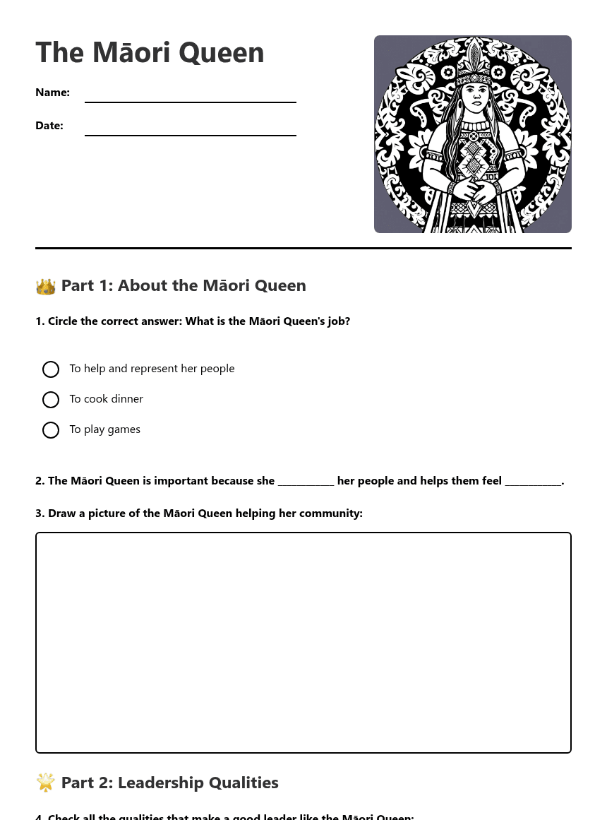 The Māori Queen worksheet preview