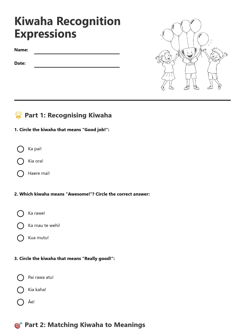 Kiwaha Recognition Expressions worksheet preview