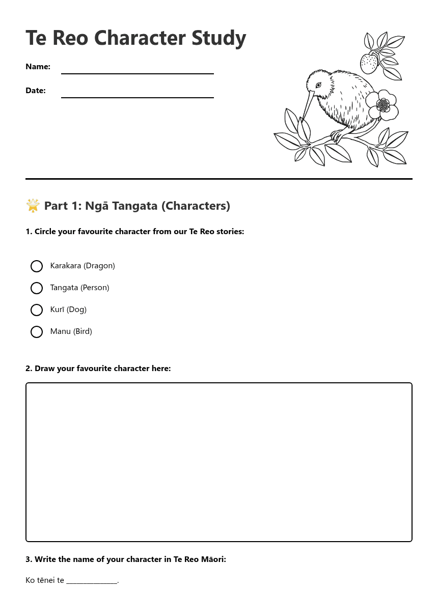 Te Reo Character Study worksheet preview