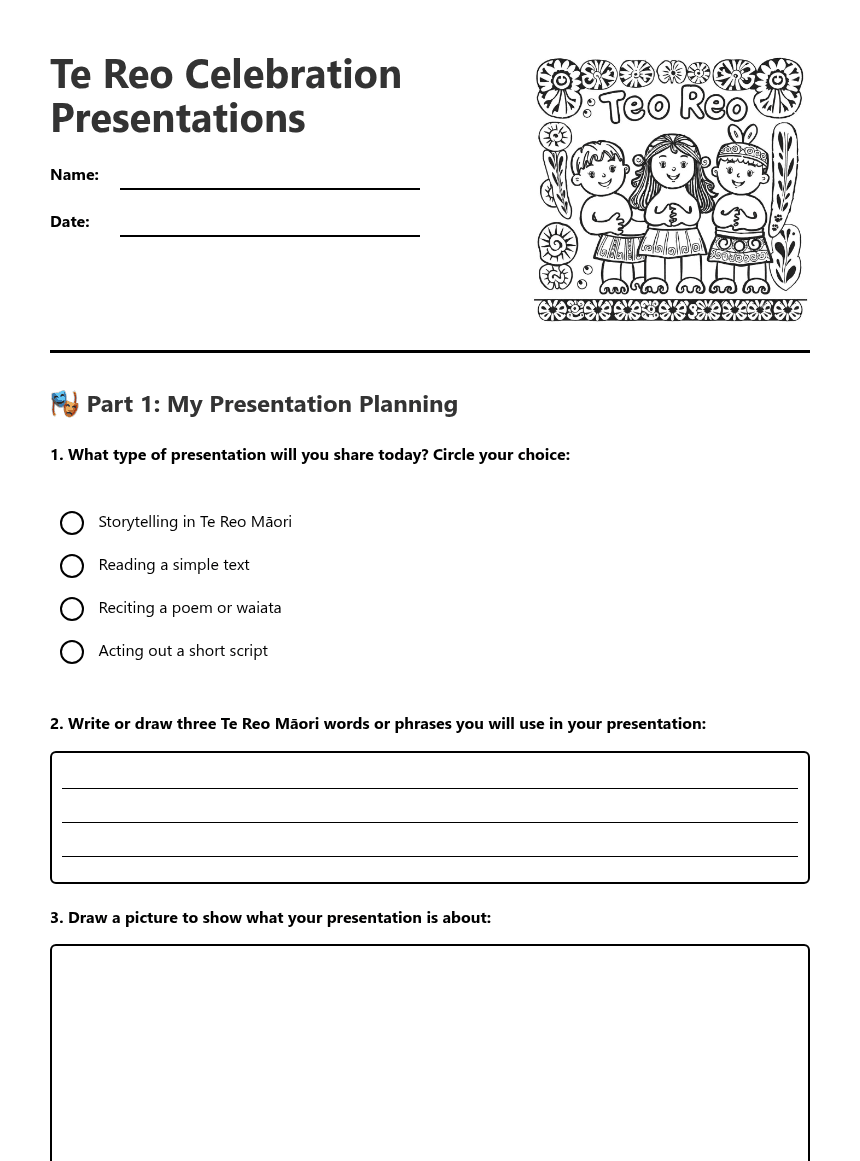 Te Reo Celebration Presentations worksheet preview