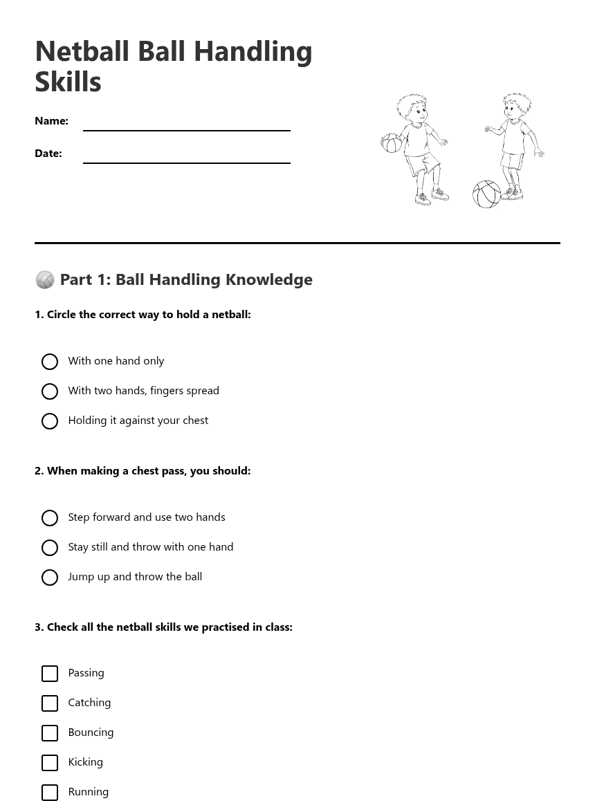 Netball Ball Handling Skills worksheet preview