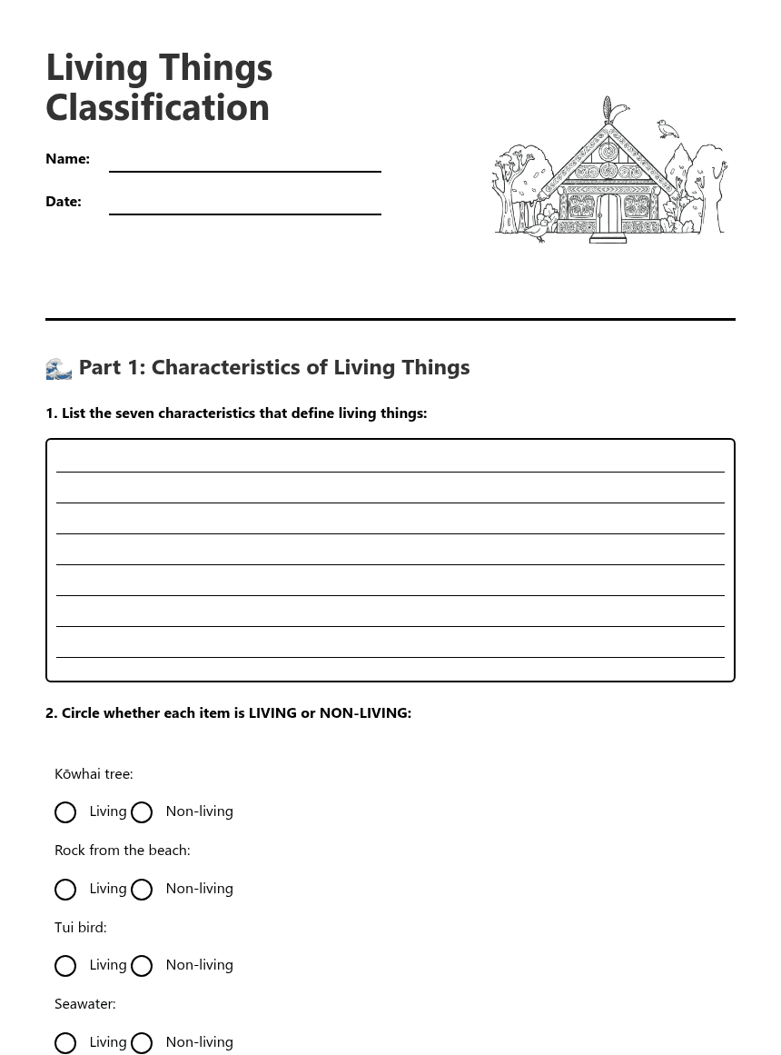 Living Things Classification worksheet preview