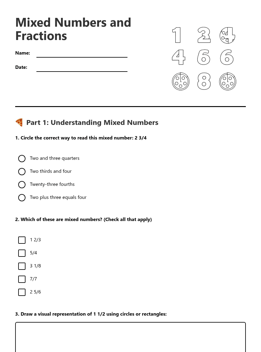 Mixed Numbers and Fractions worksheet preview