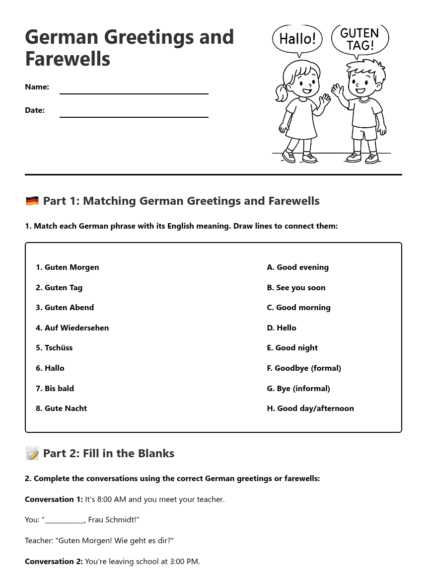 German Greetings and Farewells worksheet preview