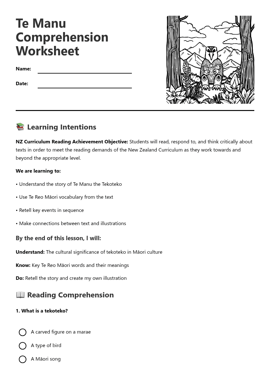 Te Manu Comprehension Worksheet worksheet preview