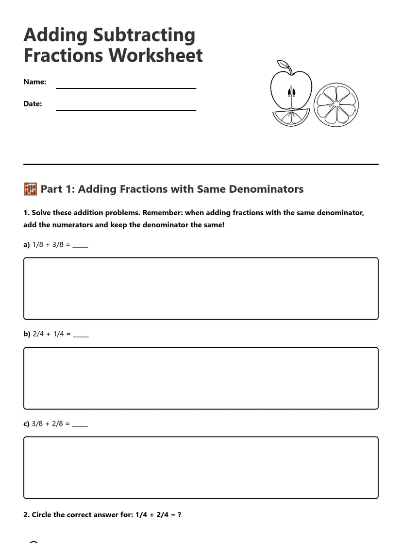 Adding Subtracting Fractions Worksheet