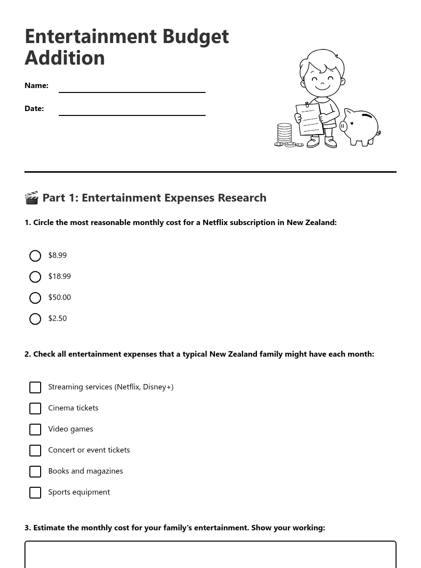 Entertainment Budget Addition worksheet preview