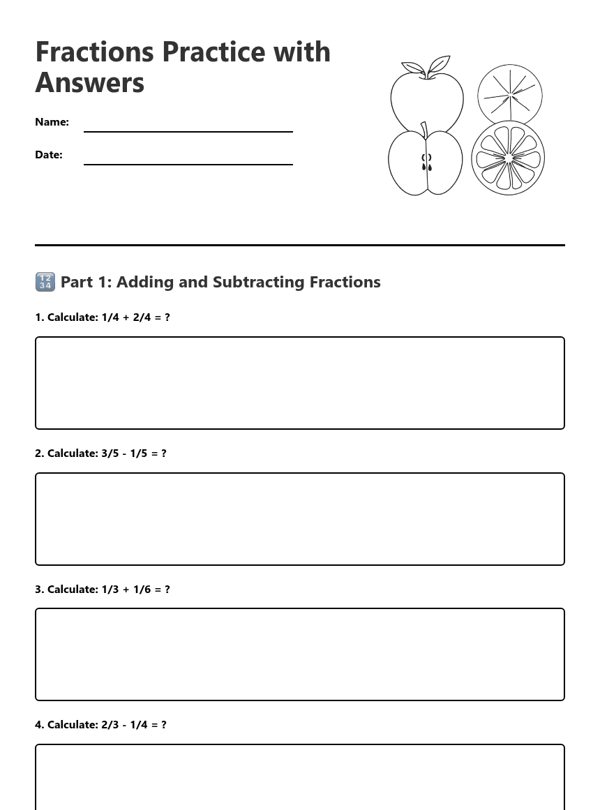 Fractions Practice with Answers worksheet preview