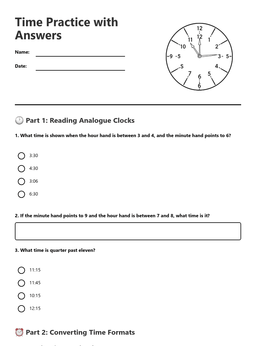 Time Practice with Answers worksheet preview