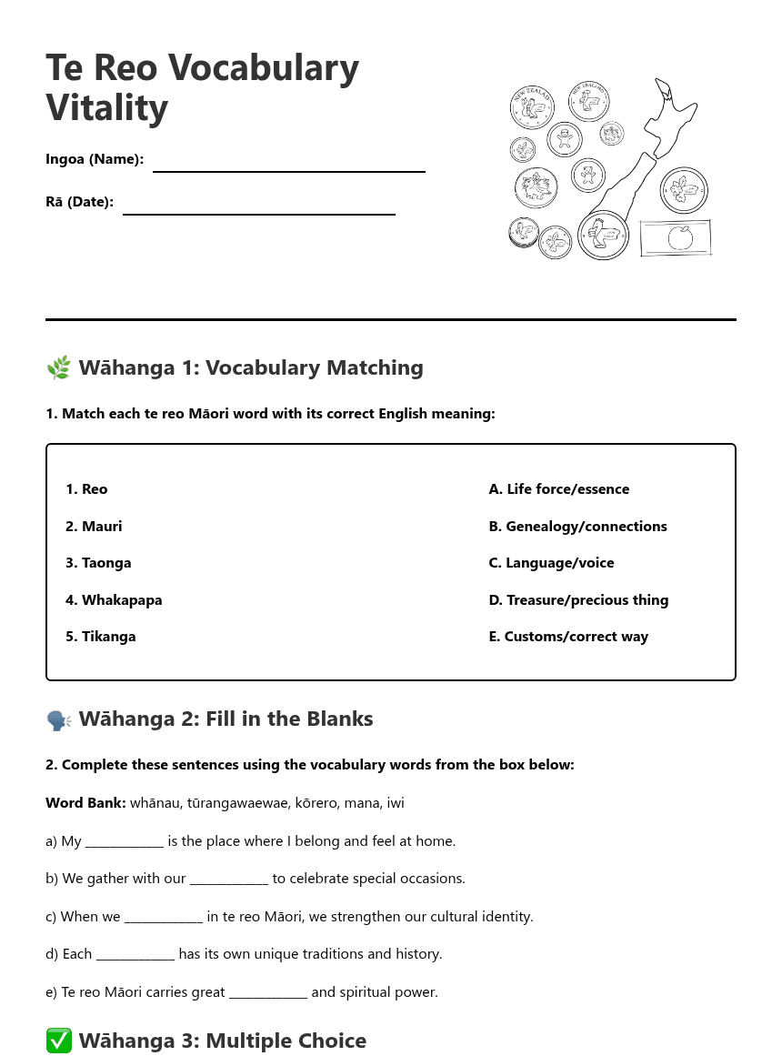 Te Reo Vocabulary Vitality worksheet preview