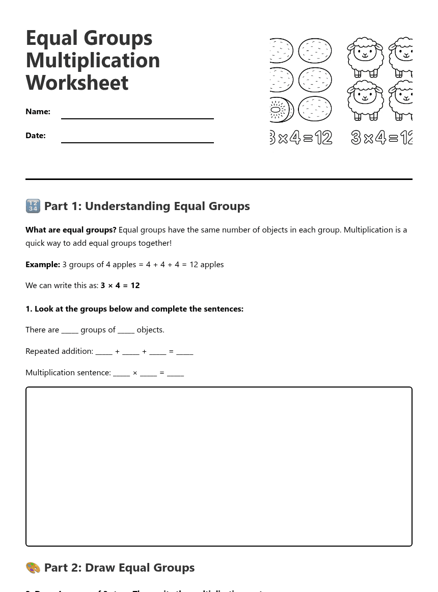 Equal Groups Multiplication Worksheet worksheet preview