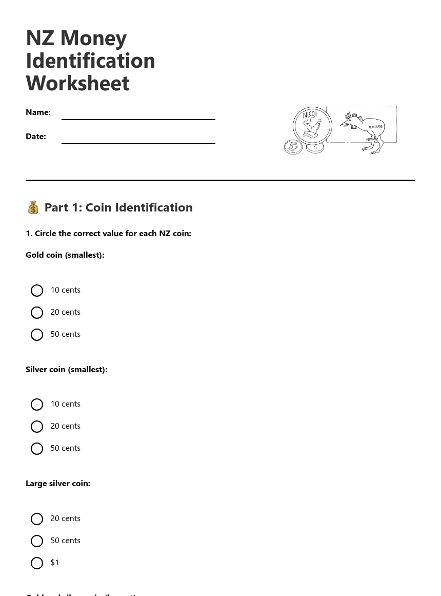 NZ Money Identification Worksheet worksheet preview