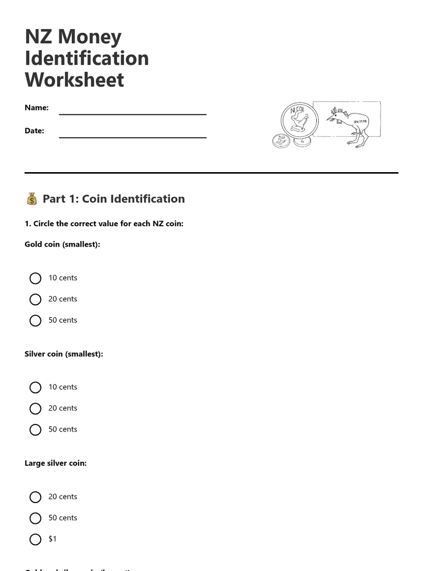 NZ Money Identification Worksheet