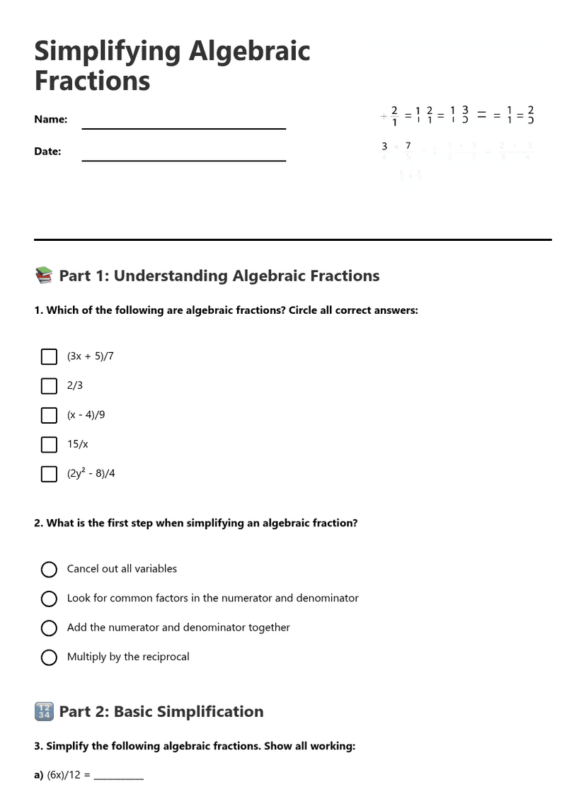 Simplifying Algebraic Fractions