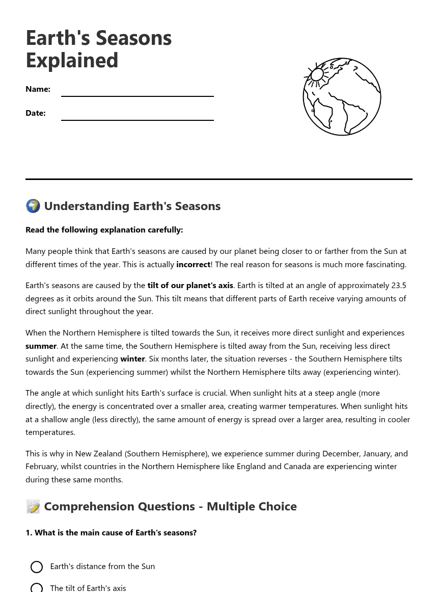Earth's Seasons Explained worksheet preview
