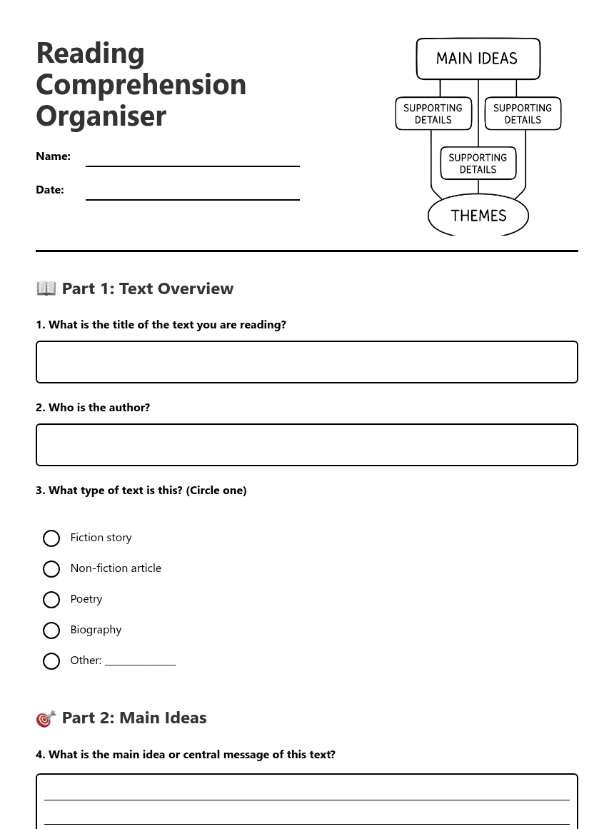 Reading Comprehension Organiser worksheet preview