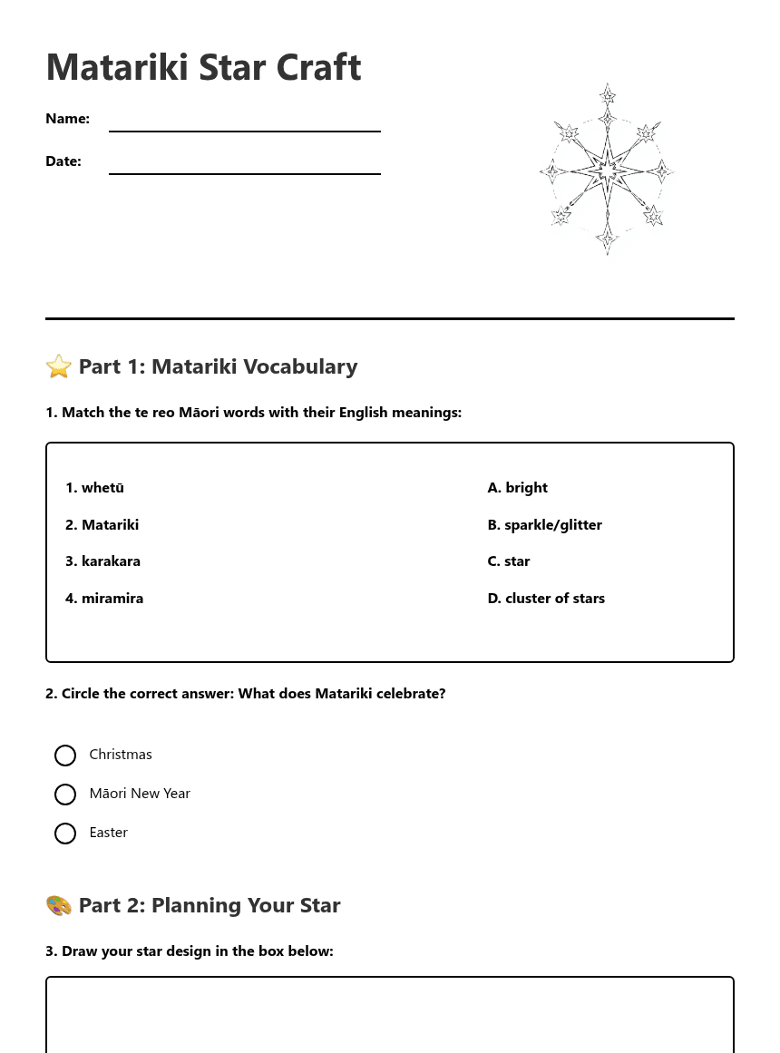 Matariki Star Craft worksheet preview